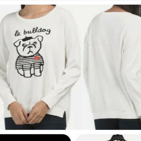 FRENCH CONNECTION Sweater French Bull Dog Le Bulldog White Jumper - Picture 1 of 10